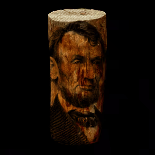 A cylindrical wine cork featuring a printed portrait of Abraham Lincoln set against a black background.