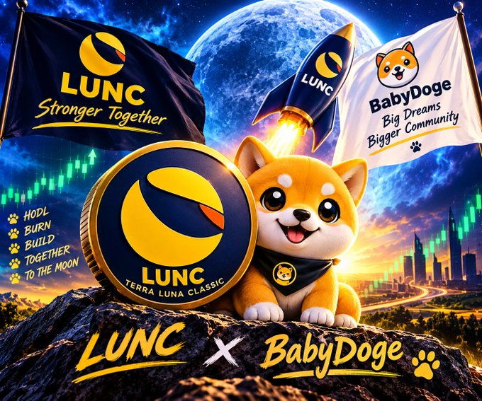 A promotional graphic for LUNC (Terra Luna Classic) and BabyDoge cryptocurrency, featuring a Shiba Inu mascot, a rocket, flags reading 'LUNC Stronger Together' and 'BabyDoge Big Dreams Bigger Community', and text including 'HODL BURN BUILD TOGETHER TO THE MOON'.