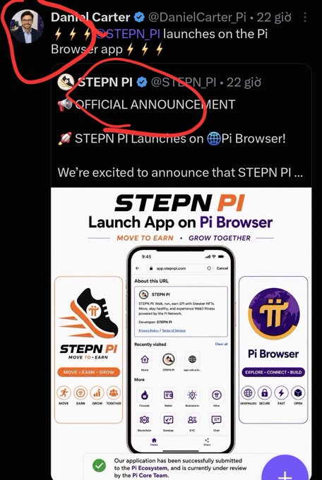 The image shows a tweet from "Daniel Carter @DanielCarter_Pi" announcing that "$STEPN PI launches on the Pi Browser app," quoting an official announcement from STEPN PI (@STEPN_PI). The post features promotional graphics stating "STEPN PI Launch App on Pi Browser" with a "MOVE TO EARN · GROW TOGETHER" tagline, alongside a screenshot showing the app submitted to the Pi Core Team for review, reinforcing the #PiNetwork warning about ecosystem developments.