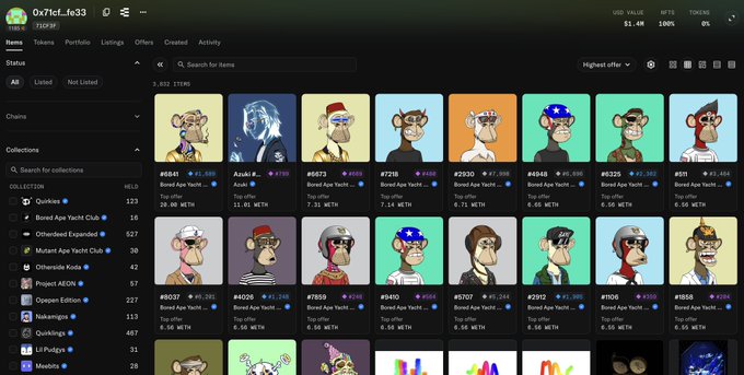 A user's NFT inventory on Magic Eden showing 3,832 items, mostly Bored Ape Yacht Club and Mutant Ape Yacht Club collectibles, displayed in a grid format. The image relates to the post by documenting the user's collection that may have been affected during the reported unusual 0 ETH transactions and potential whitehat security operation involving hundreds of wallets.