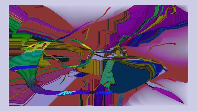 An abstract digital artwork with flowing, glitch-like ribbons of color in pink, green, blue, and yellow against a muted background.