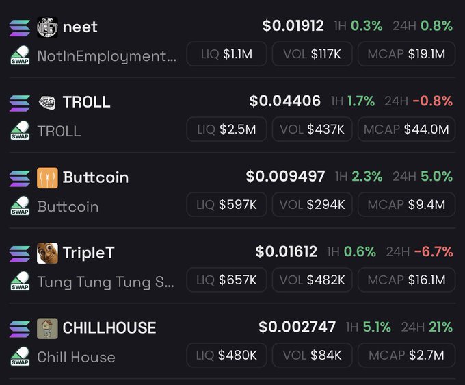 The image displays a list of Solana memecoins (TROLL, TripleT/Tung Tung Tung, Buttcoin, CHILLHOUSE, neet) with their prices, 1H and 24H percentage changes, and liquidity/volume/market cap data, supporting the post's advice to start DCA-ing into top Solana tokens.