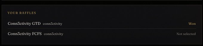 The image displays a "Your Raffles" section listing two Conn3ctivity entries: "Conn3ctivity GTD" marked as "Won" and "Conn3ctivity FCFS" marked as "Not selected," visually confirming the post's announcement of winning the Conn3ctivity GTD raffle.