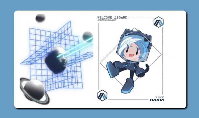 An illustration shows a "WELCOME ABOARD ARBITRUM GALAXY" card from 2022 featuring a chibi character in a space helmet, alongside a planet and grid-like cosmic design. The image relates to the post by depicting the early "Welcome Aboard Arbitrum" Galxe NFT that was a sign of early participation but not the primary qualifier for the ARB airdrop, which focused more on actual onchain activity.