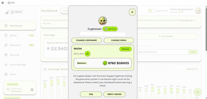 The image shows a user profile popup on the Grass platform dashboard for user "CryptoJaat" (Verified), displaying a wallet balance of 8760 $GRASS tokens with options to change username or email. The screenshot illustrates the post's claims about the Grass Season 2 airdrop, where top-ranked accounts appear tied to insiders, raising concerns about the legitimacy of the distribution.