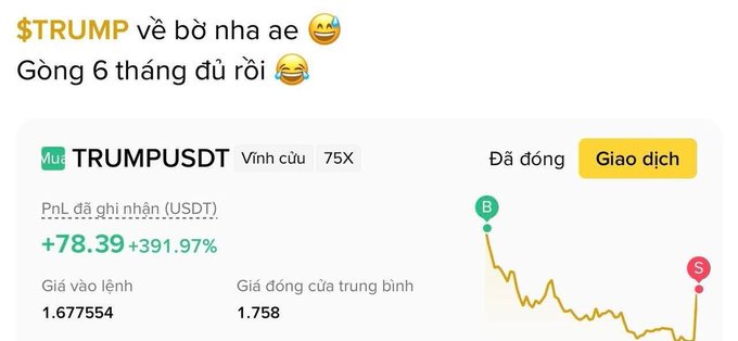 A Binance futures trading screenshot showing the TRUMPUSDT perpetual contract with 75x leverage, displaying a +78.39 (+391.97%) profit, with Vietnamese text 'Gõng 6 tháng đủ rồi' joking about the 6-month unlock period.