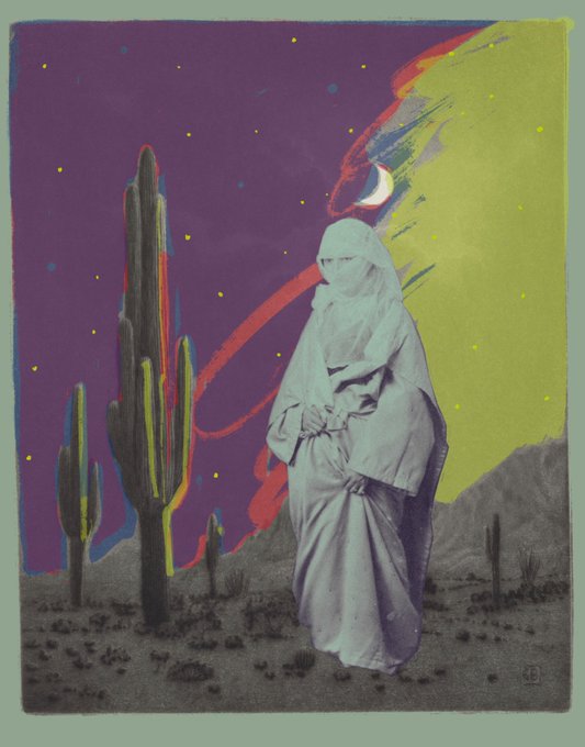 A surreal mixed-media collage depicting a figure wrapped in white cloth standing in a desert with cacti, set against a purple starry sky and a vibrant green background.