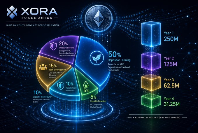 The image displays XORA Tokenomics, detailing a 1,000,000,000 XRP total supply distribution across five categories—50% Depositor Farming, 20% Treasury Reserve, 15% Team & Development, 10% Depositor Reserve Buffer, and 5% Liquidity Provision—alongside a halving emission schedule showing yearly releases of 250M, 125M, 62.5M, and 31.25M tokens.