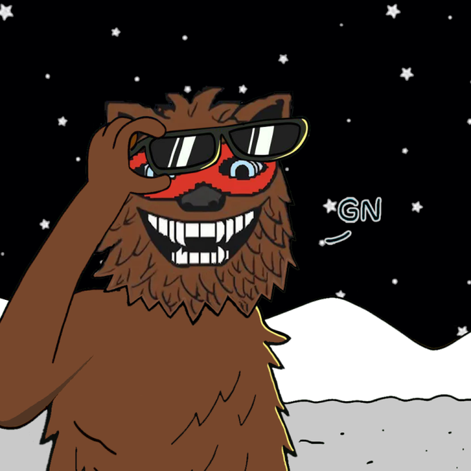 A cartoon illustration of a smiling brown bear wearing sunglasses with a red face mask, set against a starry night background with the text 'GN'.