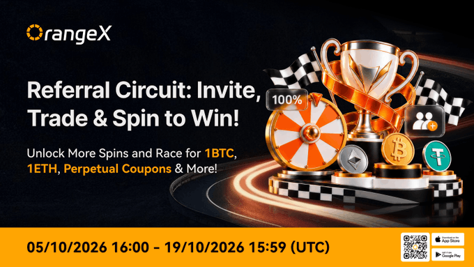A promotional banner from OrangeX announces the "Referral Circuit: Invite, Trade & Spin to Win!" campaign, offering prizes of 1BTC, 1ETH, and Perpetual Coupons, running from 05/10/2026 16:00 to 19/10/2026 15:59 (UTC). The image features a racing-themed design with a golden trophy, checkered flags, a spinning wheel, and cryptocurrency coins (BTC, ETH, USDT), visually reinforcing the trade-to-spin incentive.