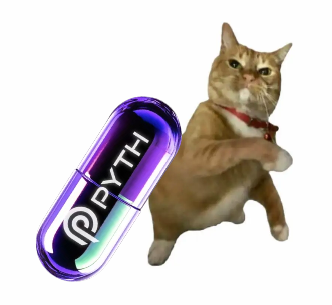 An orange tabby cat standing on its hind legs next to a purple PYTH branded capsule pill.