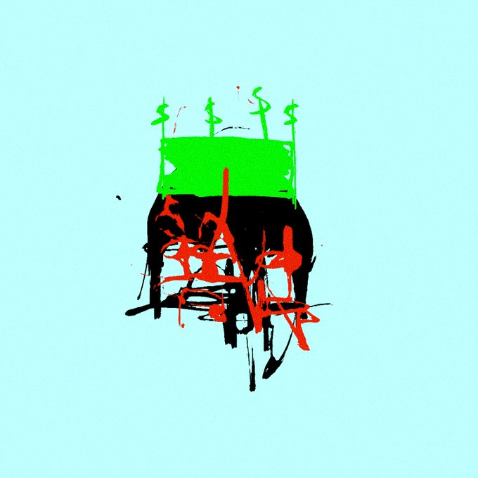 A crude digital drawing on a light blue background featuring a black figure wearing a bright green shirt, covered in chaotic red scribbles and black lines, with green dollar sign trees on its head.