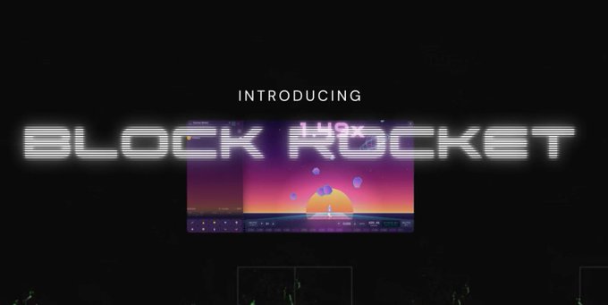 A dark screen displays the text 'INTRODUCING BLOCK ROCKET' with a small retro-style sunset graphic overlaid in the center.