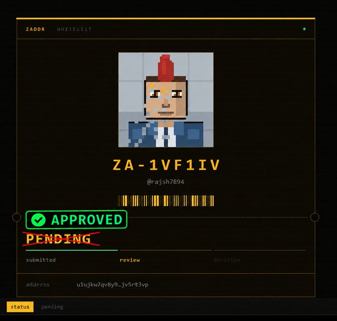 Pixel-art character profile on the ZADDR Whitelist platform showing 'ZA-1VF11V' (@rajsh7894) marked as 'APPROVED' with 'PENDING' status struck through below.