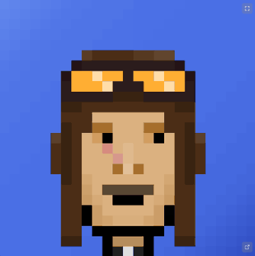 A pixel art portrait of a character with brown hair and orange-tinted sunglasses against a solid blue background, with a small "x" icon in the upper right corner.