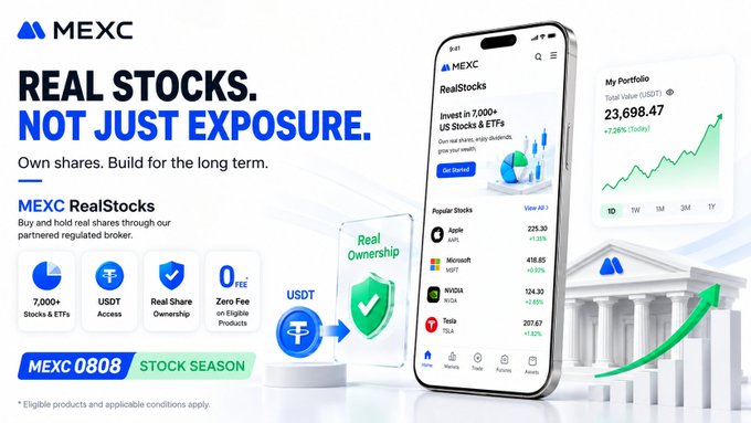 A promotional advertisement for MEXC RealStocks with the tagline 'REAL STOCKS. NOT JUST EXPOSURE.', featuring a smartphone showing a portfolio valued at $23,698.47 with holdings in Apple, Microsoft, NVIDIA, and Tesla, promoting 'Zero Fee' trades.