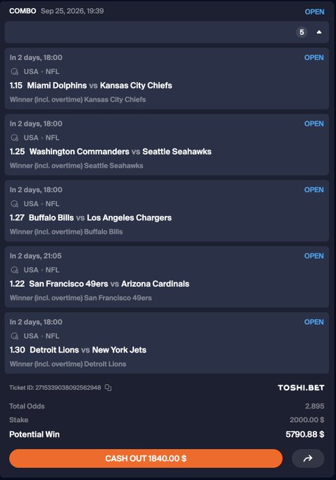 A sports betting slip from TOSHI.BET displays a 5-event NFL combo bet from Sep 25, 2026, featuring matchups like Miami Dolphins vs Kansas City Chiefs and Detroit Lions vs New York Jets, with a potential win of $5790.88 and a cash out option of $1840.00.