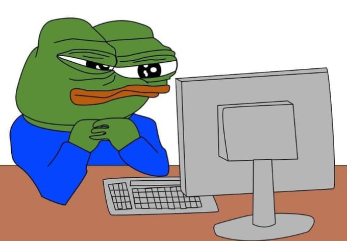 The classic 'Sad Pepe' meme illustration showing a green frog with a somber expression, wearing a blue shirt, sitting with hands clasped in front of a computer monitor.