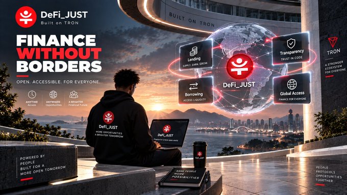 A promotional graphic for DeFi_JUST on TRON blockchain, featuring the tagline 'FINANCE WITHOUT BORDERS' and showcasing features like Lending, Borrowing, Transparency, and Global Access around a central globe.