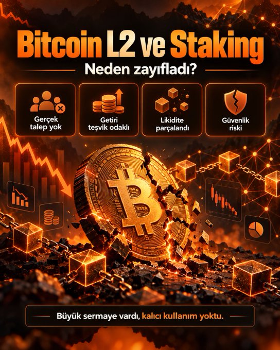 A graphic with the Turkish headline 'Bitcoin L2 ve Staking Neden zayıfladı?' featuring a cracked Bitcoin coin, warning icons labeled 'Gerçek talep yok', 'Getiri teşvik odaklı', 'Likidite parçalandı', 'Güvenlik riski', and the bottom text 'Büyük sermaye vardı, kalıcı kullanım yoktu.'