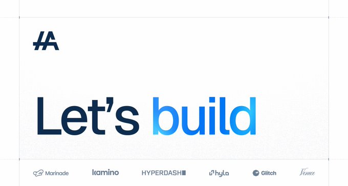 A graphic with a logo and the text 'Let's build' in dark and light blue, with partner logos including Marinade, Lamina, Hyperdash, Hyla, Glitch, and Venue at the bottom.