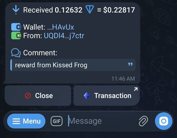 The image shows an email notification screen displaying a message from someone named "Kissed Frog" who has sent money via cryptocurrency, specifically Bitcoin. The message includes details about the transaction, such as the amount of money received (received 0.1232 Bitcoins) and the recipient's wallet address (received 0.1232). The image also contains a gif that is related to the post, which adds an element of humor or entertainment to the overall message.