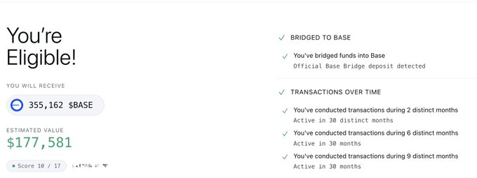 A webpage screenshot showing an "You're Eligible!" notification indicating receipt of 355,162 $BASE tokens with an estimated value of $177,581, with criteria listed including "BRIDGED TO BASE" and "TRANSACTIONS OVER TIME" requirements.