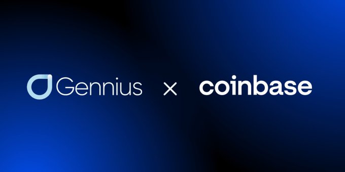 A blue graphic displaying a partnership announcement with logos reading 'Gennius x coinbase'.
