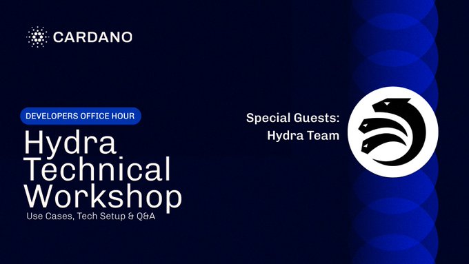 Promotional banner for the Cardano Developers Office Hour featuring a Hydra Technical Workshop, showcasing the Cardano logo and the Hydra Team logo against a blue background. The design highlights key event details including use cases, tech setup, and Q&A, aligning with the workshop announcement scheduled for Friday, 02 October at 14:00 UTC.