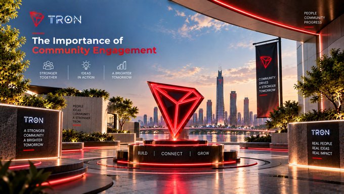 A promotional graphic for the TRON cryptocurrency, titled 'The Importance of Community Engagement,' featuring its red logo on a pedestal in a futuristic cityscape with slogans like 'BUILD | CONNECT | GROW' and 'A STRONGER COMMUNITY A BRIGHTER TOMORROW.'