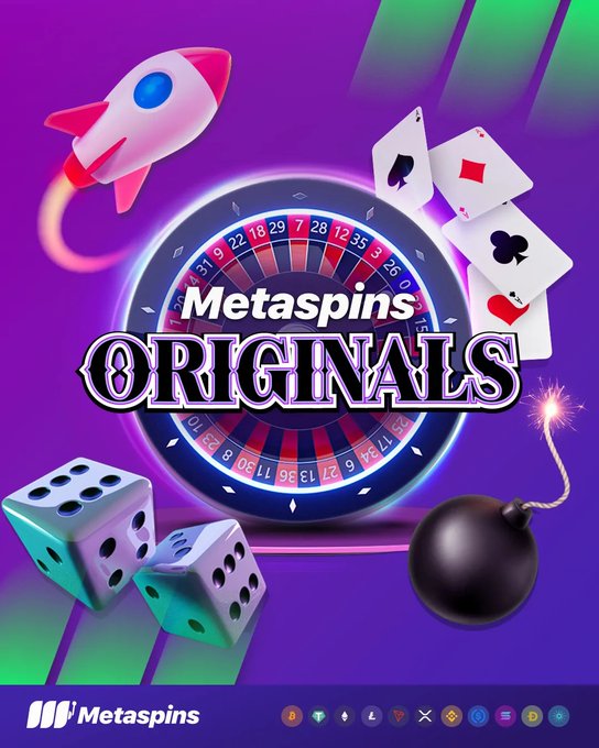 Promotional graphic for 'Metaspins ORIGINALS' featuring a roulette wheel, rocket, playing cards, dice, and a bomb, with the Metaspins logo and supported cryptocurrencies at the bottom.