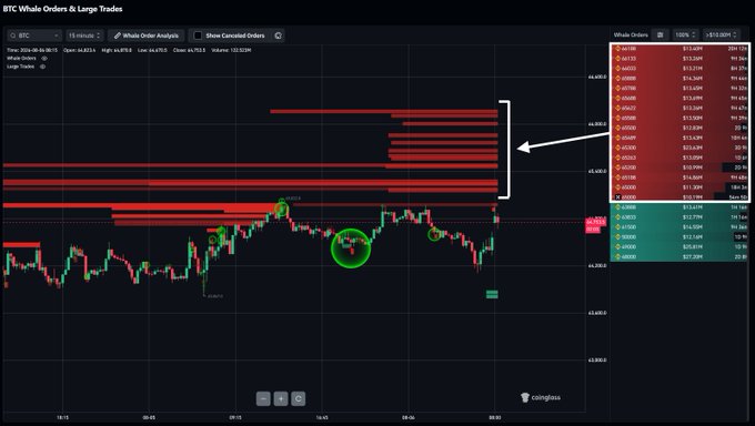 A Coinglass BTC Whale Orders chart displays substantial limit short sell orders (shown in red) stacked between $65,000 and $66,000, with an arrow highlighting the dense cluster totaling over $220 million, illustrating the heavy short positioning referenced in the post.