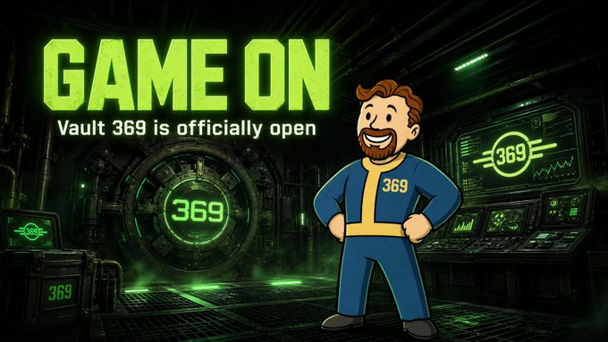 A Vault Boy-style character in a blue and yellow jumpsuit stands proudly in a green-lit underground facility, with a large vault door and computer terminals in the background. The "GAME ON" banner announces "Vault 369 is officially open," visually celebrating the launch of Vault369, a new DeFi lending protocol on PulseChain featuring multi-collateral borrowing and 0% interest loans.