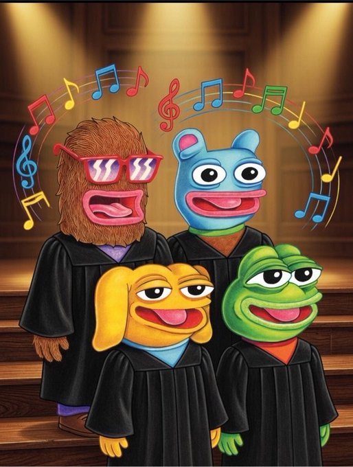 An illustration of four cartoonish animal characters (a brown furry one with red sunglasses, a blue bear, a yellow dog, and a green frog) wearing black robes and singing together with colorful music notes floating around them.