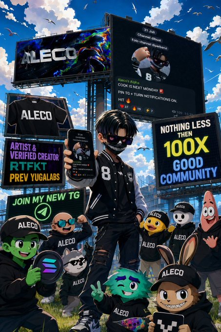 A promotional poster for ALECO featuring an anime-style character in a mask and an ALECO varsity jacket, surrounded by cartoon avatars, billboards showing the @alecos_alpha Twitter account, RTFKT, and PREV YUGALABS branding, with text 'NOTHING LESS THEN 100X GOOD COMMUNITY' and 'JOIN MY NEW TG'.