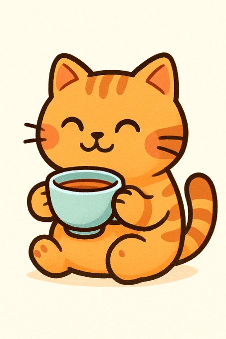 The image features a cartoon cat sitting down with a cup of coffee, holding it up to its mouth as if drinking from it. The cat appears to be enjoying its drink, giving off a happy vibe. The background of the image is white, which contrasts nicely with the orange color of the cat and the blue cup.