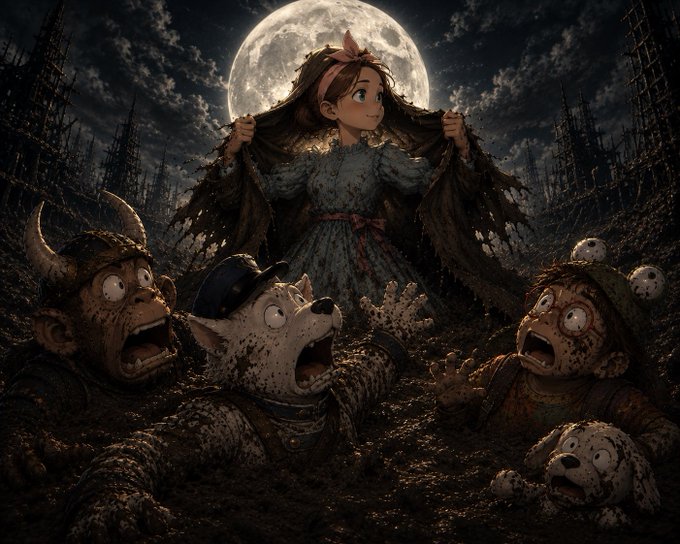 A dark, stylized illustration featuring a girl with a pink bow standing in front of a full moon and a dead forest, surrounded by grotesque, muddy creatures with wide eyes screaming from the ground.