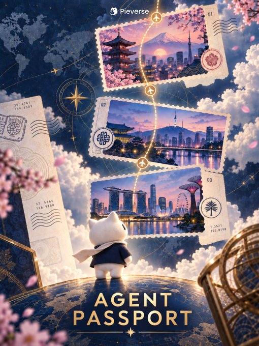 A white cat character in a pilot's cape stands atop a globe, gazing up at a path of three postcards showcasing Japan (featuring a pagoda, Tokyo skyline, and Singapore with the Marina Bay Sands), labeled "01," "02," and "03," with a partial "ATLAS" postcard visible on the left. The "Pieverse" logo appears at the top and "AGENT PASSPORT" is displayed prominently at the bottom, visually introducing the upcoming Agent Passport feature where the cat will travel through these destinations.