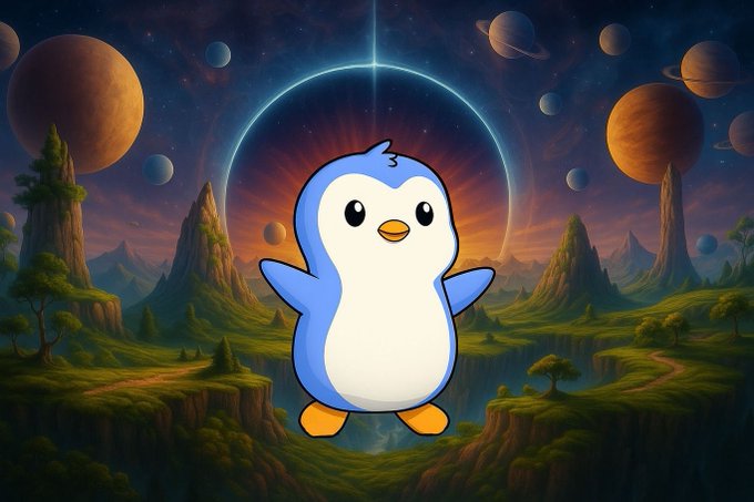 A cartoon penguin character standing with arms outstretched against a surreal, colorful cosmic landscape filled with planets and floating landmasses.