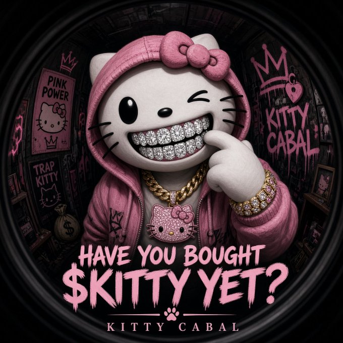 A stylized digital illustration of Hello Kitty wearing a pink hoodie, diamond grills, and gold chains, with the text 'HAVE YOU BOUGHT $KITTY YET?' and 'KITTY CABAL' displayed against a dark, graffiti-covered background.