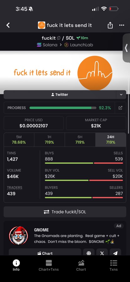 Mobile screenshot of a Solana memecoin called 'fuck it lets send it' (ticker: fuckit) trading at $0.00002107 with a $21K market cap, showing 92.3% bonding curve progress, 439 traders, and an ad for GNOME token below.