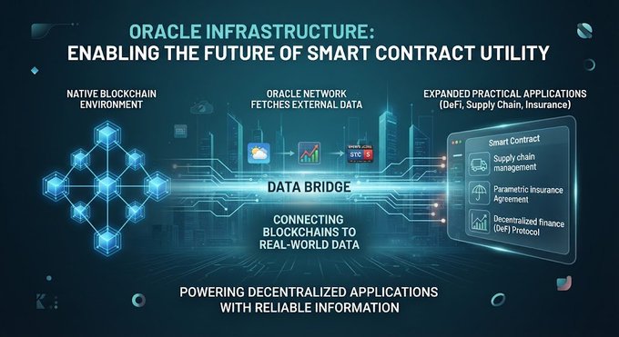 An infographic titled 'ORACLE INFRASTRUCTURE: ENABLING THE FUTURE OF SMART CONTRACT UTILITY', illustrating a data bridge connecting blockchains to real-world data for applications like supply chain management and insurance.