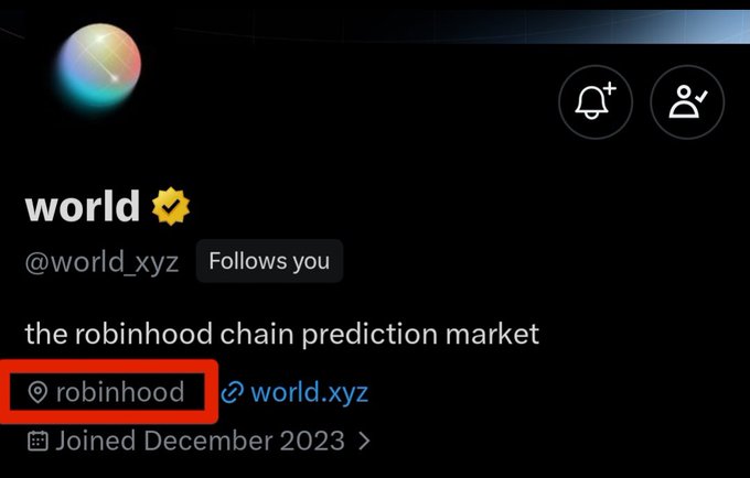 Twitter/X profile page for 'world' (@world_xyz) with the bio 'the robinhood chain prediction market,' verified checkmark, and 'Follows you' tag, joined December 2023.