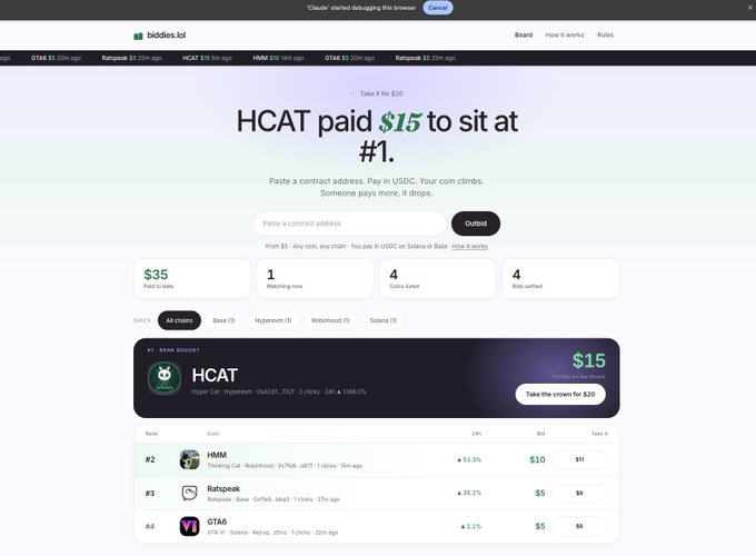 The image shows the biddies.lol website displaying a bidding leaderboard where HCAT is in first place with $15 to take the crown for $20, followed by HMM at #2 with $10, Ratapeak at #3 with $5, and GTA6 at #4 with $5, directly illustrating the post's point about coins needing to be on this competitive bidding platform.