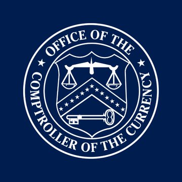 Official seal of the Office of the Comptroller of the Currency displayed as a white circular emblem on a dark blue background, featuring scales of justice, a key, and stars.