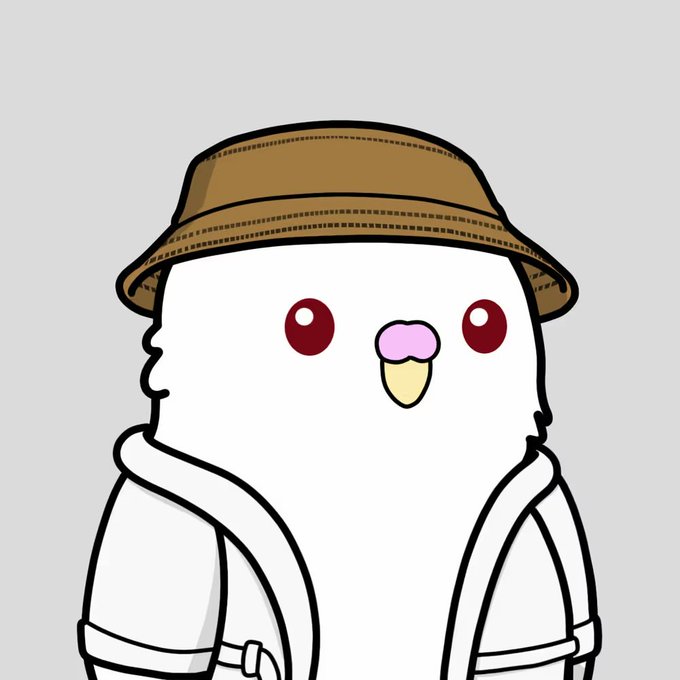 A cute cartoon illustration of a white chicken-like character with red eyes, a pink beak, wearing a brown bucket hat and white hoodie.