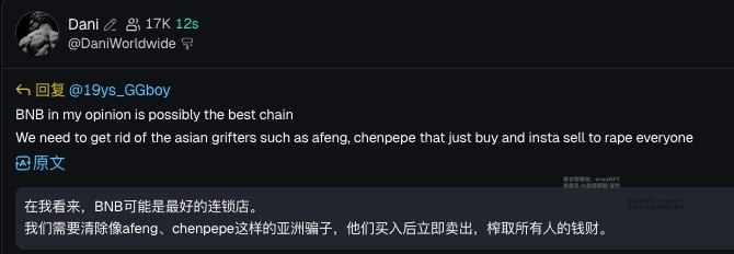 A Twitter reply from @DaniWorldwide (17K followers) to @19ys_GGboy claims "BNB in my opinion is possibly the best chain" and advocates removing Asian developers like afeng and chenpepe for "buy and insta sell to rape everyone," with a Chinese translation below echoing the same anti-Asian developer sentiment that aligns with the post's complaint about squeezing money from people.