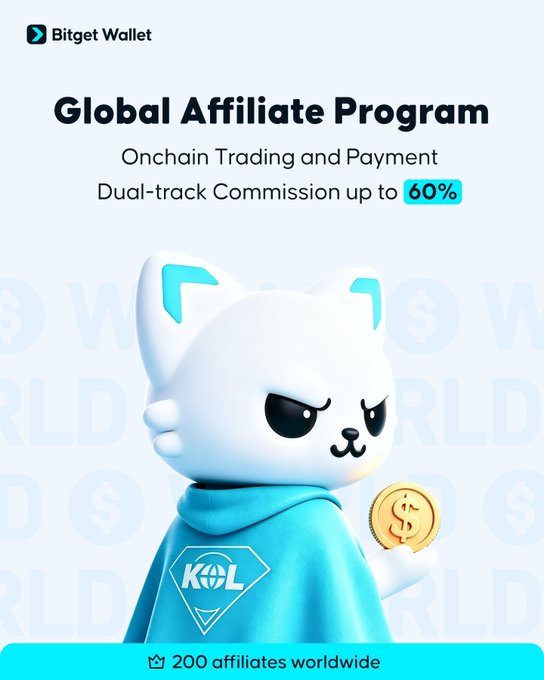 The image is a promotional graphic for the "Bitget Wallet Global Affiliate Program," featuring a white cat mascot in a teal hoodie holding a gold dollar coin, with highlights including "Onchain Trading and Payment," "Dual-track Commission up to 60%," and "200 affiliates worldwide." It visually supports the announcement by showcasing the key 60% commission offer and the program's global reach, reinforcing the launch of the affiliate initiative described in the post.
