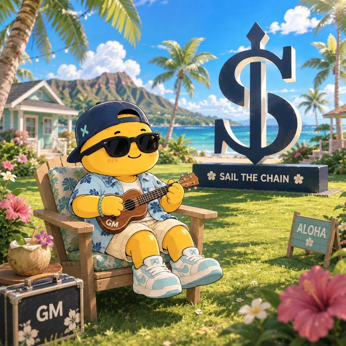 A 3D-style illustration of a yellow mascot character wearing a cap and sunglasses, playing a ukulele in a tropical setting with a "SAIL THE CHAIN" logo and "ALOHA" sign.