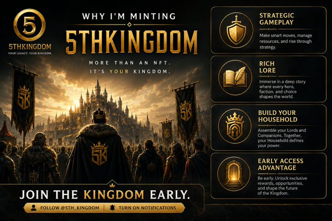 A promotional graphic for '5THKINGDOM' NFT project featuring a medieval kingdom scene with banners, highlighting features like Strategic Gameplay, Rich Lore, Build Your Household, and Early Access Advantage.